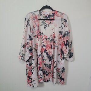 Boutique+ 1X Floral Kimono Women Pink Rose Open Front Lightweight Cardigan Plus